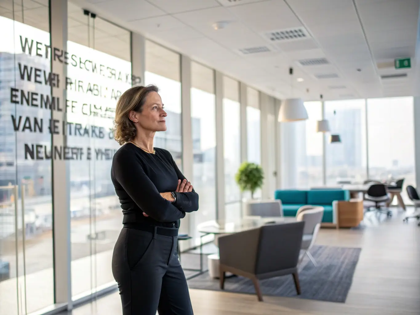 A local entrepreneur standing proudly in front of their SchakelMee service hub, showcasing the welcoming and professional environment.
